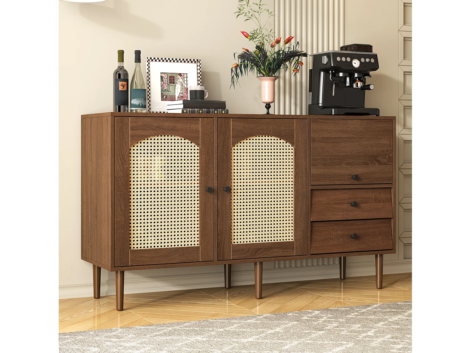 Bruin dressoir met 2 rotan deuren, 1 deur en 2 laden 130x40x75,5