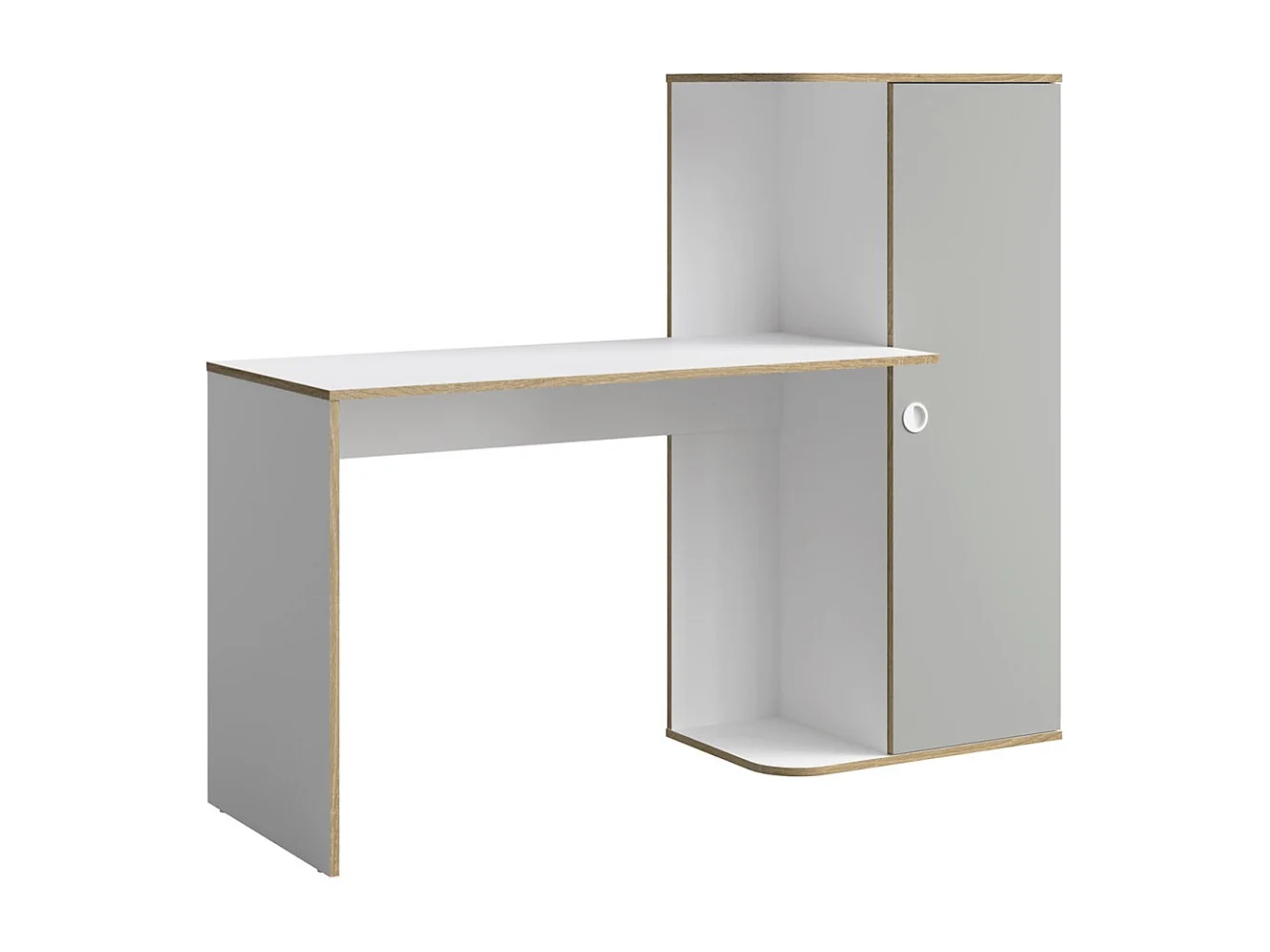 Bureau kind ELYO - Met opbergkolom en 4 vakken - Grijs, wit & licht eiken - 160x129x53 cm