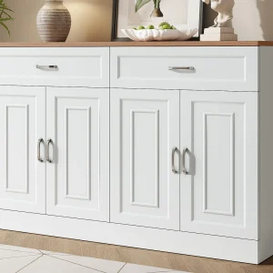 Buffet 120x35x80,5 cm – 4 deuren en 2 laden – Verstelbare planken – Spaanplaten – Wit Buffet 120x35x80,5 cm – 4 deuren en 2 laden – Verstelbare planken – Spaanplaten – Wit