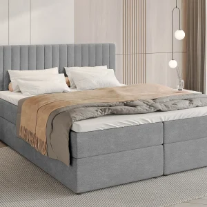 Boxspringbed met hoofdeinde, matras en dekmatras – DREAM – 180×200 – grijs Boxspringbed met hoofdeinde, matras en dekmatras – DREAM – 180×200 – grijs