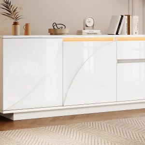 Buffet 140x40x60 cm hoogglans – 3 deuren en 1 lade – met LED-verlichting – met verstelbare planken – MDF – Wit Buffet 140x40x60 cm hoogglans – 3 deuren en 1 lade – met LED-verlichting – met verstelbare planken – MDF – Wit