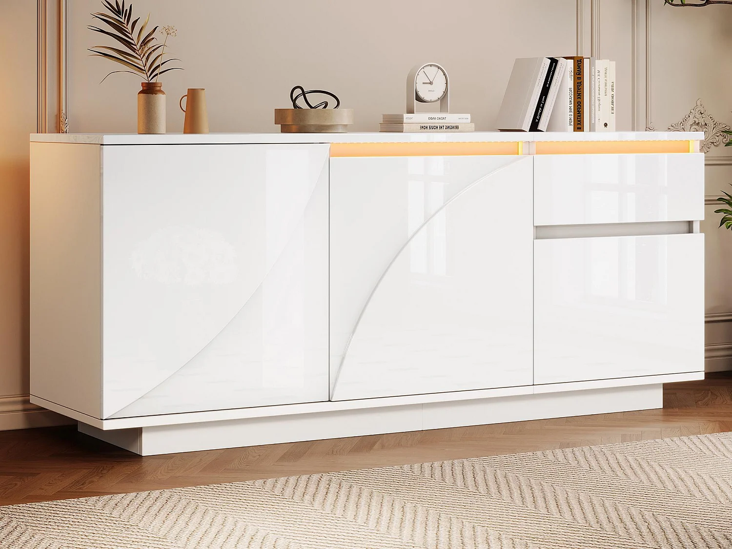 Buffet 140x40x60 cm hoogglans - 3 deuren en 1 lade - met LED-verlichting - met verstelbare planken - MDF - Wit