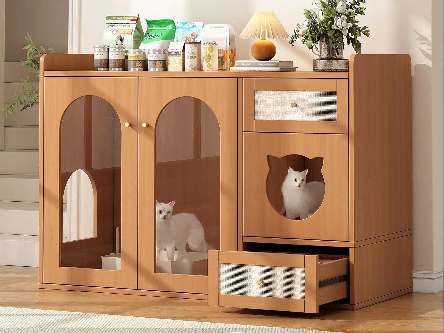 Buffet 120x45x83cm - 2 kattenbakken - 2 laden en 2 deuren - natuur