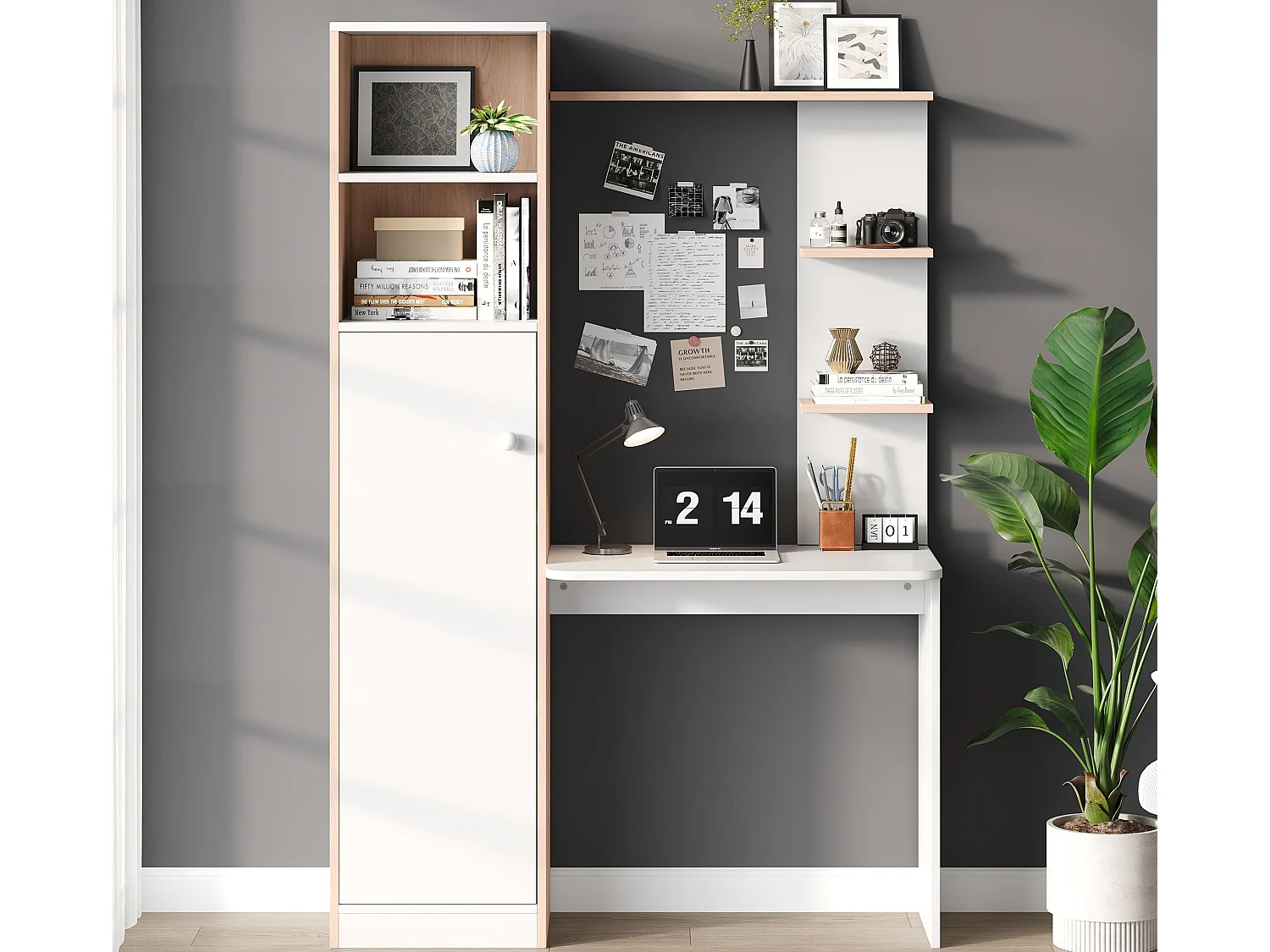 Bureau 123.5x45x168.5 cm - 1 deur - met open planken - MDF - wit + natuur