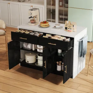 Centraal kookeiland met 3 deuren + 2 laden – 120 x 60 x 91 cm – met stopcontacten + USB – MDF – zwart Centraal kookeiland met 3 deuren + 2 laden – 120 x 60 x 91 cm – met stopcontacten + USB – MDF – zwart