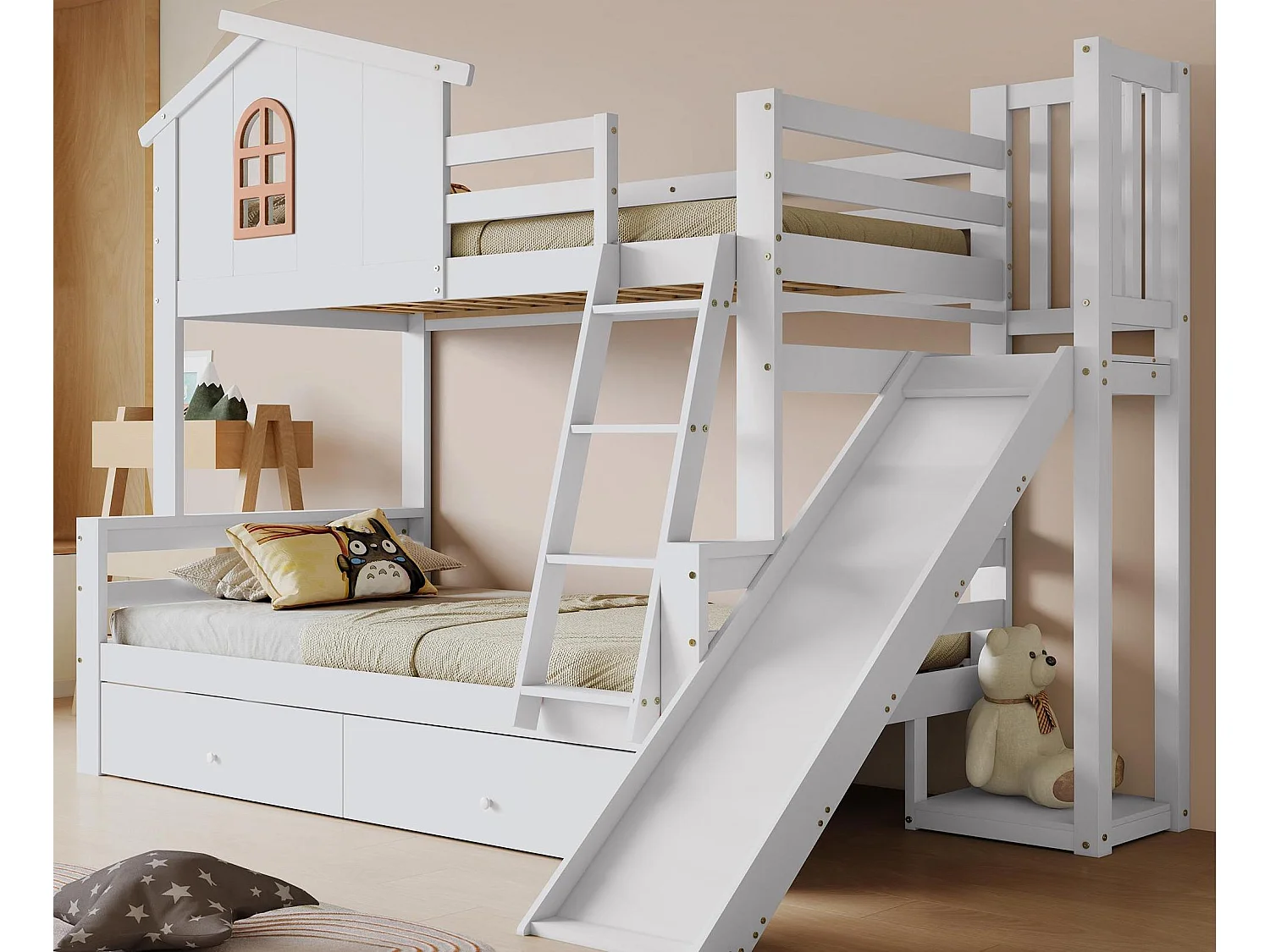 Cabine stapelbed met glijbaan + lades - grenen frame - 90x200cm + 120x200cm - Wit