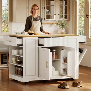 Centraal eiland op wielen – 120 x 50 x 92 cm – met opbergvak + 2 deuren en 3 laden – MDF + Metaal – wit Centraal eiland op wielen – 120 x 50 x 92 cm – met opbergvak + 2 deuren en 3 laden – MDF + Metaal – wit