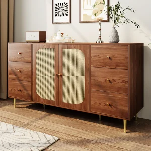 Bruin dressoir – Dressoir met 6 lades en 2 deuren – handgemaakt rotan design Bruin dressoir – Dressoir met 6 lades en 2 deuren – handgemaakt rotan design