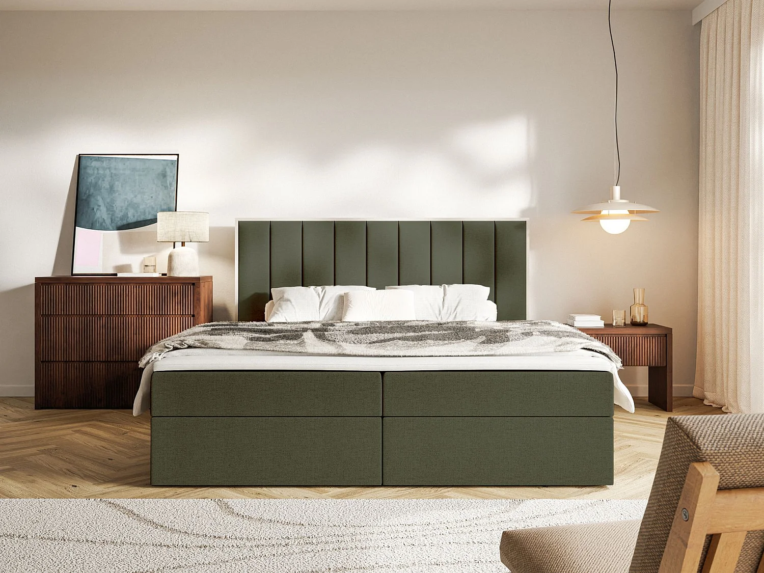 Boxspringbed 160x200 – opbergruimte en topper – hydrofobe chenille – donkergroen – TOGENTS