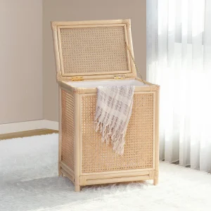 Rieten wasmand met webbing en deksel, L. 45 x B. 33 x H. 56 cm, Naturel, CALYMA Rieten wasmand met webbing en deksel, L. 45 x B. 33 x H. 56 cm, Naturel, CALYMA