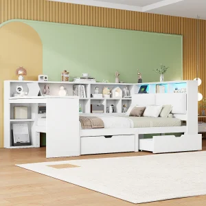 Canapé – verlicht met bureau en bibliotheek – 140 x 200 cm – met verlichte kap + 2 laden + leds – MDF – Wit