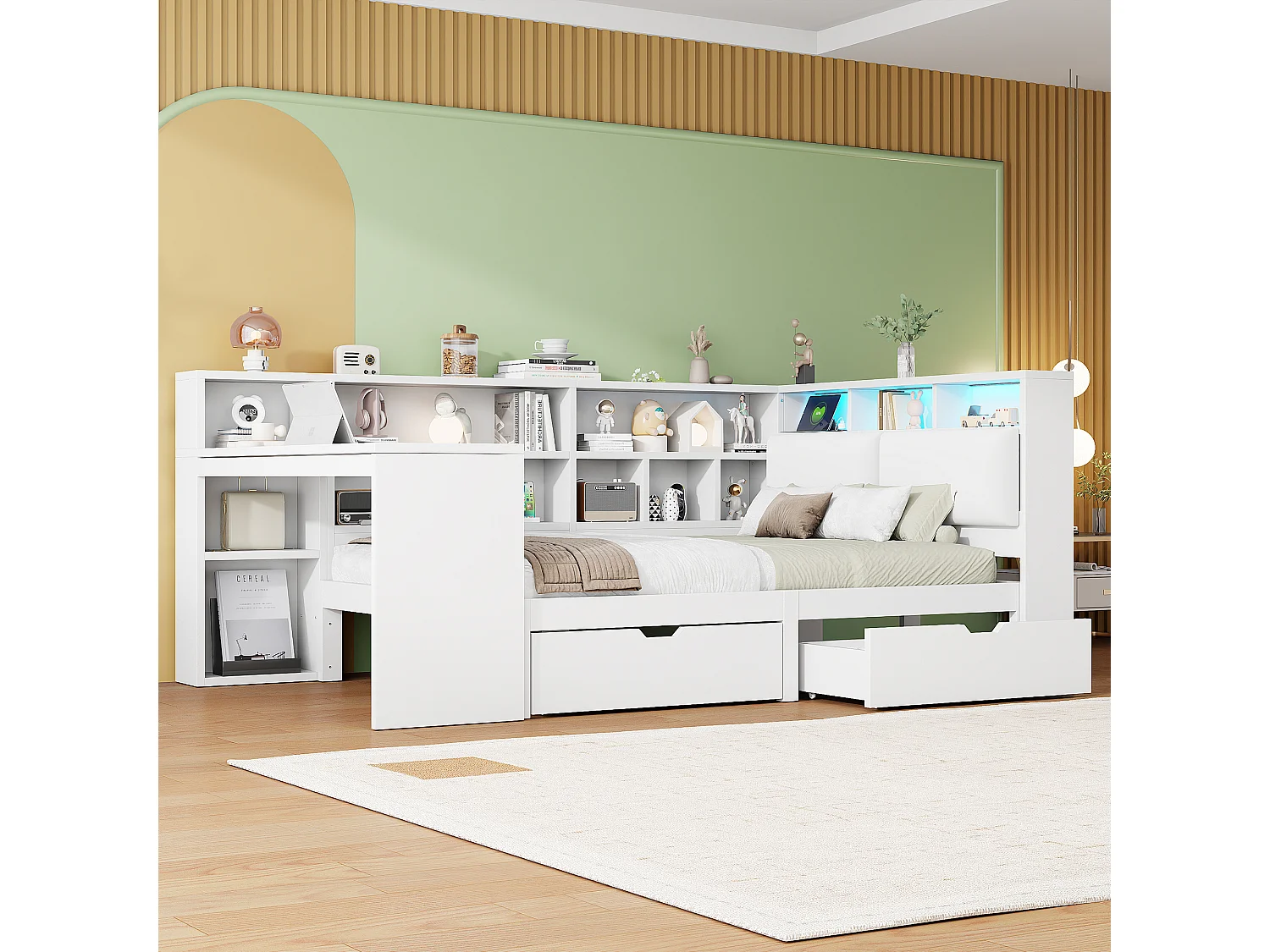 Canapé - verlicht met bureau en bibliotheek - 140 x 200 cm - met verlichte kap + 2 laden + leds - MDF - Wit