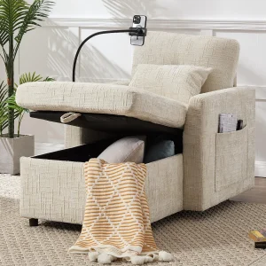 Chenille stoffen slaapbank – met telefoonhouder en ingebouwde opbergruimte – Ideaal voor woonkamer, kantoor of slaapkamer Chenille stoffen slaapbank – met telefoonhouder en ingebouwde opbergruimte – Ideaal voor woonkamer, kantoor of slaapkamer