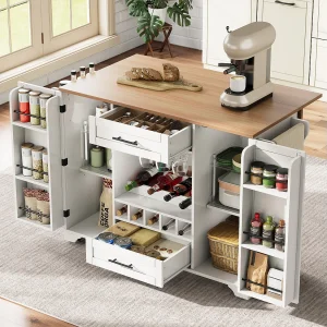 Centraal eiland met neerklapbaar werkblad op wielen – 138 x 45/70 x 92 cm – met 2 laden + 2 deuren – MDF – wit Centraal eiland met neerklapbaar werkblad op wielen – 138 x 45/70 x 92 cm – met 2 laden + 2 deuren – MDF – wit