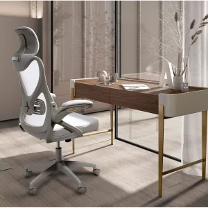 Bureau in walnoot, beige en goudkleurig gepolijst staal Bureau in walnoot, beige en goudkleurig gepolijst staal