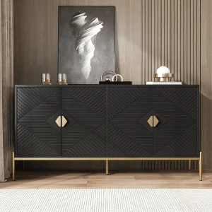Buffet met 4 deuren, geometrische patronen – Zwart en goud Buffet met 4 deuren, geometrische patronen – Zwart en goud