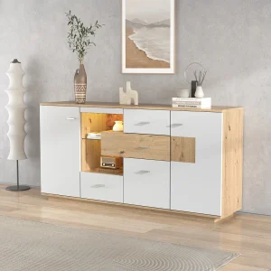 Buffetkast met LED-verlichting, opbergruimte, deuren en lades, glazen planken, 160 x 40 x 77 cm, wit Buffetkast met LED-verlichting, opbergruimte, deuren en lades, glazen planken, 160 x 40 x 77 cm, wit
