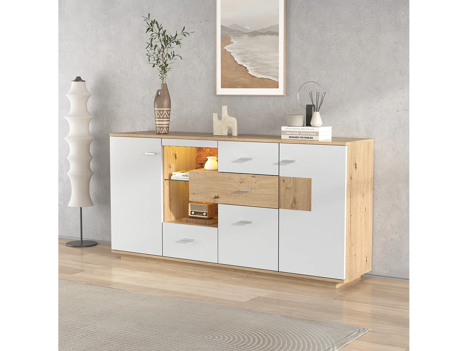 Buffetkast met LED-verlichting, opbergruimte, deuren en lades, glazen planken, 160 x 40 x 77 cm, wit
