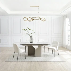 Uitschuifbare eettafel voor 6 tot 10 personen van keramiek, gehard glas en taupe metaal – Wit marmereffect – CAMUVO van Maison Céphy Uitschuifbare eettafel voor 6 tot 10 personen van keramiek, gehard glas en taupe metaal – Wit marmereffect – CAMUVO van Maison Céphy