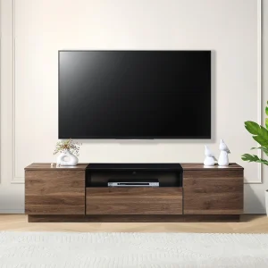 TV-meubel met 2 deuren, 1 lade en 1 nis – Donker naturel en zwart – CEMILINA TV-meubel met 2 deuren, 1 lade en 1 nis – Donker naturel en zwart – CEMILINA