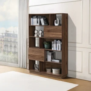 Boekenkast met 2 deuren en 8 vakken – Donker naturel – CEVANIA