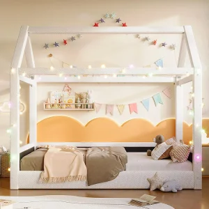 Charmant cottagebed met led-verlichting – Slaapbank voor kinderen van massief hout met geïntegreerde tent – Beige – 90 x 200 cm