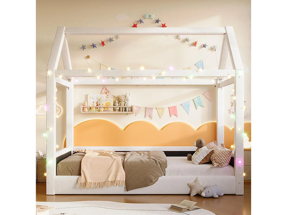 Charmant cottagebed met led-verlichting – Slaapbank voor kinderen van massief hout met geïntegreerde tent – Beige – 90 x 200 cm