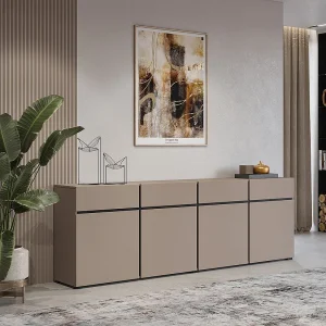 Buffet XL in beige en zwart 225cm collectie HAVANA. Dressoir design met 4 deuren en 4 laden.