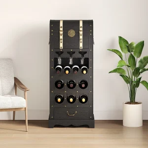 Flessenrek met kast van dennenhout en MDF, L.43 x H.100 cm, Zwart, CAVINA Flessenrek met kast van dennenhout en MDF, L.43 x H.100 cm, Zwart, CAVINA
