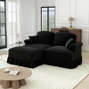 Chesterfield bank 2-zits in chenille zwart – met poef en 2 kussens – afneembare ruche – 194x140x93cm Chesterfield bank 2-zits in chenille zwart – met poef en 2 kussens – afneembare ruche – 194x140x93cm