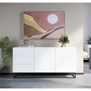 Buffet 2 deuren 3 laden in hout lamellé wit met metaal bont 167x43cm