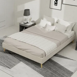 Cama de casal 140x200cm em veludo – Estrutura de cama minimalista – Bege Cama de casal 140x200cm em veludo – Estrutura de cama minimalista – Bege