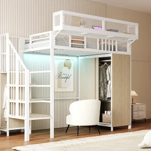 Cama alta metálica 90 x 200 cm – Com roupeiro, iluminação LED e grades de proteção em tela – Branco e natural claro Cama alta metálica 90 x 200 cm – Com roupeiro, iluminação LED e grades de proteção em tela – Branco e natural claro