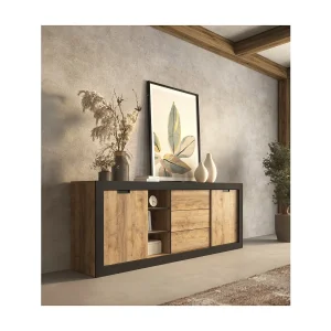 Buffet MEUNIER – 2 schuifdeuren & 3 laden – Samdal eiken & mat zwart – 220×85×45 cm