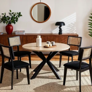 Set van 6 fluwelen stoelen, rotaneffect en rubberhout – Zwart – CALENYA Set van 6 fluwelen stoelen, rotaneffect en rubberhout – Zwart – CALENYA