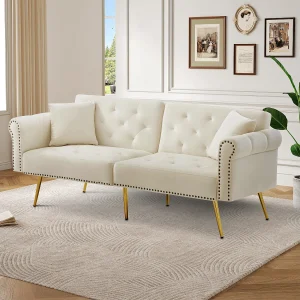 Canapé relaxation beige – Canapé avec dossier réglable et accoudoirs – 6 pieds en métal – pour salon et chambre Canapé relaxation beige – Canapé avec dossier réglable et accoudoirs – 6 pieds en métal – pour salon et chambre