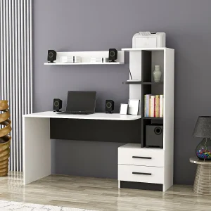 Bureau met boekenkast Silja wit met planken en lades, 120x60x74 cm, functionele opbergruimte voor volwassenen Bureau met boekenkast Silja wit met planken en lades, 120x60x74 cm, functionele opbergruimte voor volwassenen