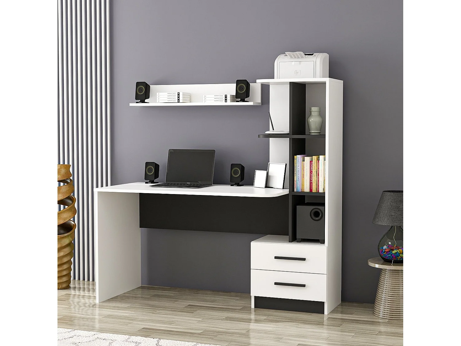 Bureau met boekenkast Silja wit met planken en lades, 120x60x74 cm, functionele opbergruimte voor volwassenen