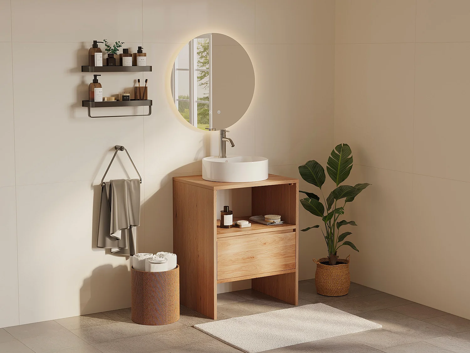 Badkamermeubel van eiken - Ronde opbouwwastafel - Licht naturel - 60 cm - CAVIZO