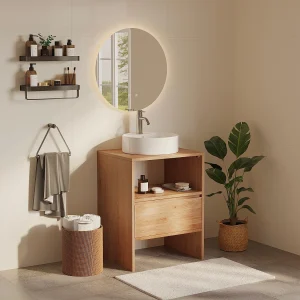 Eiken meubel met enkele ronde opbouwwastafel en kraan – Licht naturel – 60 cm – CAVIZO Eiken meubel met enkele ronde opbouwwastafel en kraan – Licht naturel – 60 cm – CAVIZO