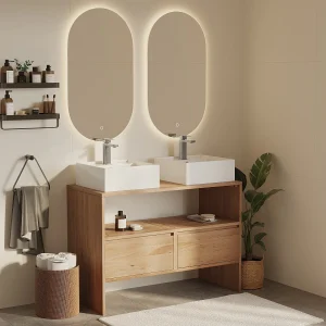 Eiken meubel met dubbele vierkante opbouwwastafel en kraan – Licht naturel – 110 cm – CAVIZO Eiken meubel met dubbele vierkante opbouwwastafel en kraan – Licht naturel – 110 cm – CAVIZO