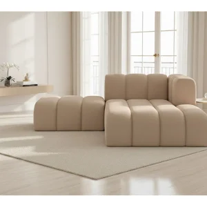 Chaise Longue Met Hocker Grand, Veloursstof Salvador, Beige, Rechts Chaise Longue Met Hocker Grand, Veloursstof Salvador, Beige, Rechts