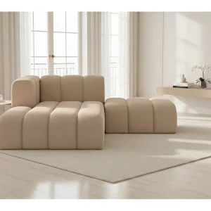 Chaise Longue Met Hocker Grand, Veloursstof Salvador, Beige, Links Chaise Longue Met Hocker Grand, Veloursstof Salvador, Beige, Links