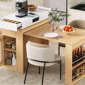 Centraal kookeiland – uitschuifbare eettafel – met stopcontact – met wieltjes en opbergruimte – met haak – Natuur Centraal kookeiland – uitschuifbare eettafel – met stopcontact – met wieltjes en opbergruimte – met haak – Natuur