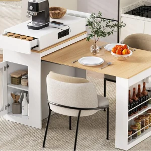 Centraal kookeiland – uitschuifbare eettafel – met stopcontact – met wieltjes en opbergruimte – met haak – Natuur + Wit Centraal kookeiland – uitschuifbare eettafel – met stopcontact – met wieltjes en opbergruimte – met haak – Natuur + Wit