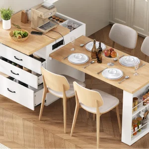 Centraal kookeiland – uitschuifbare eettafel – met LED-verlichting – met stopcontact – met wieltjes en opbergruimte – Natuur + Wit Centraal kookeiland – uitschuifbare eettafel – met LED-verlichting – met stopcontact – met wieltjes en opbergruimte – Natuur + Wit