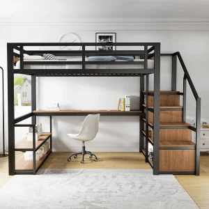 Cama alta de 140x200cm com prateleiras e secretária – Cama infantil em metal e madeira – Preto e castanho escuro Cama alta de 140x200cm com prateleiras e secretária – Cama infantil em metal e madeira – Preto e castanho escuro