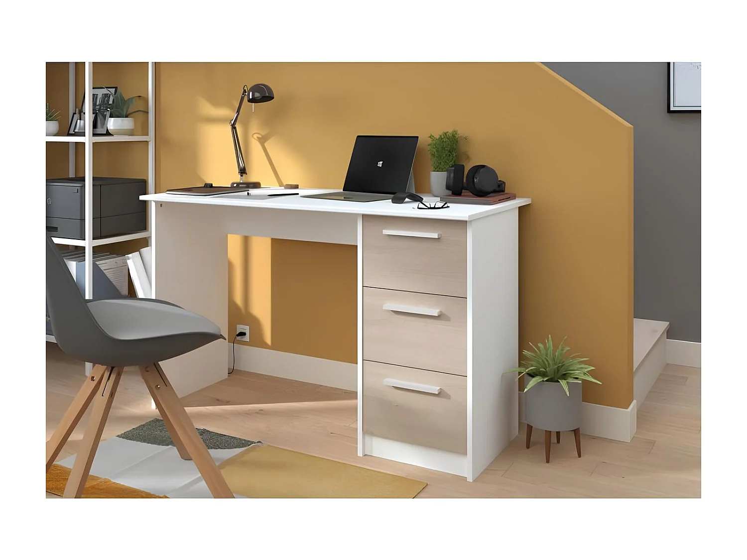 Bureau 3 laden in eiken en wit decor, Essentieel, Gemaakt in Frankrijk - Parisot