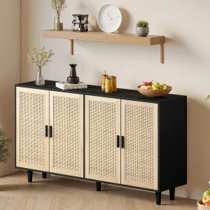 Buffetkast met 4 rotan deuren – PB hout 158x40x88cm – Zwart en licht naturel Buffetkast met 4 rotan deuren – PB hout 158x40x88cm – Zwart en licht naturel