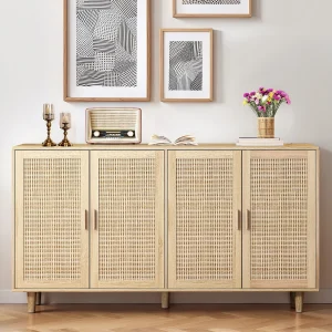 Buffetkast met 4 rotan deuren – PB hout 158x40x88cm – Licht naturel Buffetkast met 4 rotan deuren – PB hout 158x40x88cm – Licht naturel